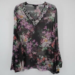Silkland 100% Silk Black Floral V-Neck Sheer Blouse XL Angel Sleeves Sequins Y2K